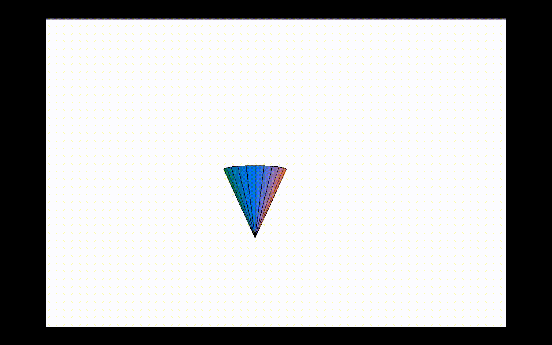 A sharp cone-like shape expands and contracts in sync with color gradients, cycling through a full rainbow against a clean white canvas.